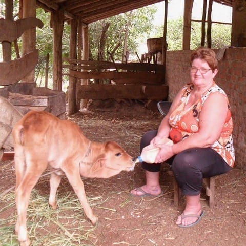 Paula Neu feeding her calf, Agudo, Brazil, CIDADES SEM FOME